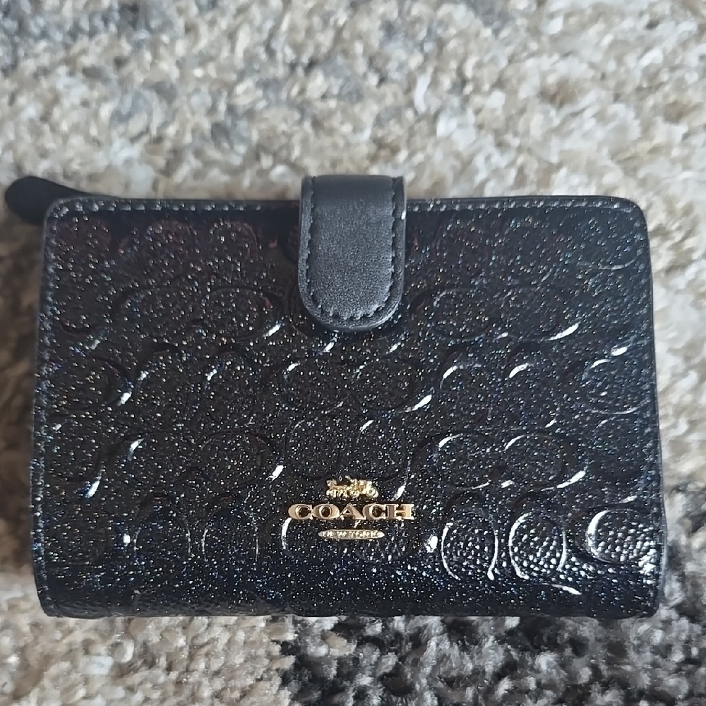 Coach Black Glitter Signature Compact Wallet